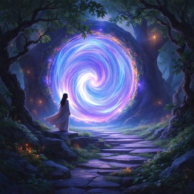 The primary subject of the image is a woman standing in front of a large, colorful spiral. The spiral appears to be a part of a tree, and the woman is positioned in the center of the scene. The setting is a forest, with trees surrounding the spiral. The visual style of the image is digital art, and the dominant colors are purple and blue, creating a serene and mystical atmosphere.